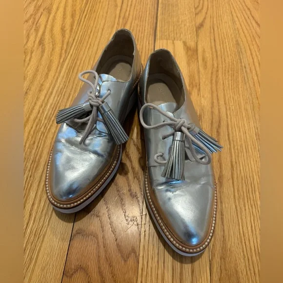 Loeffler Randall Callie Leather Wedge Oxfords in Silver Size 6